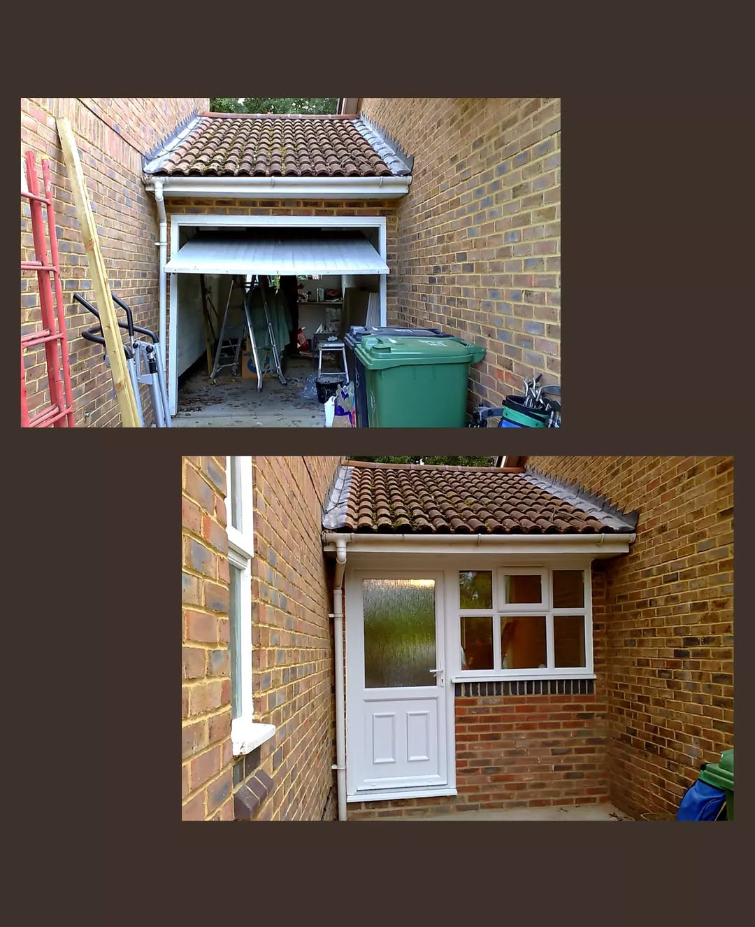 Garage before and after conversion, garage door replaced by a window and door