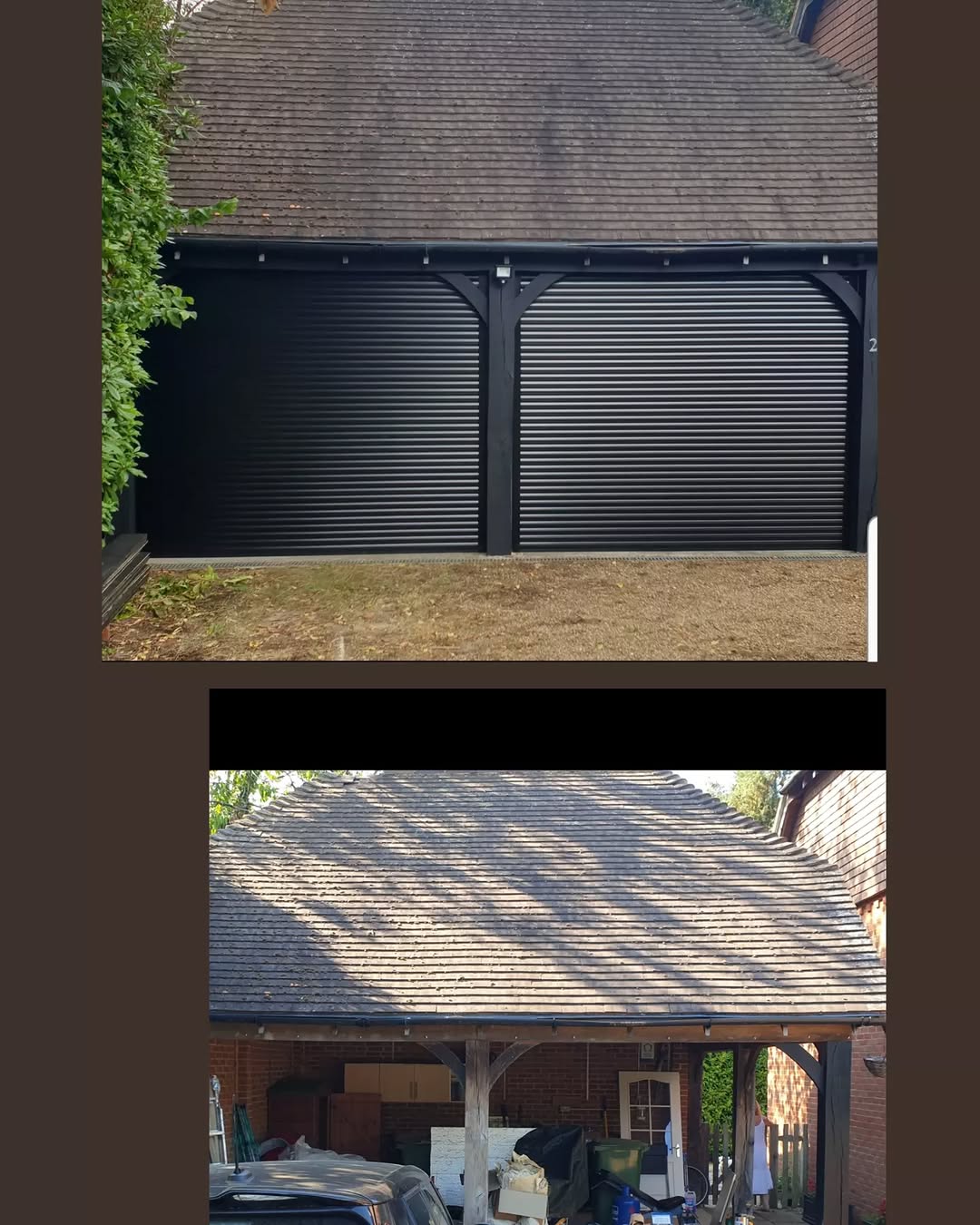 Garage with new black electric roller doors near Albury, Surrey