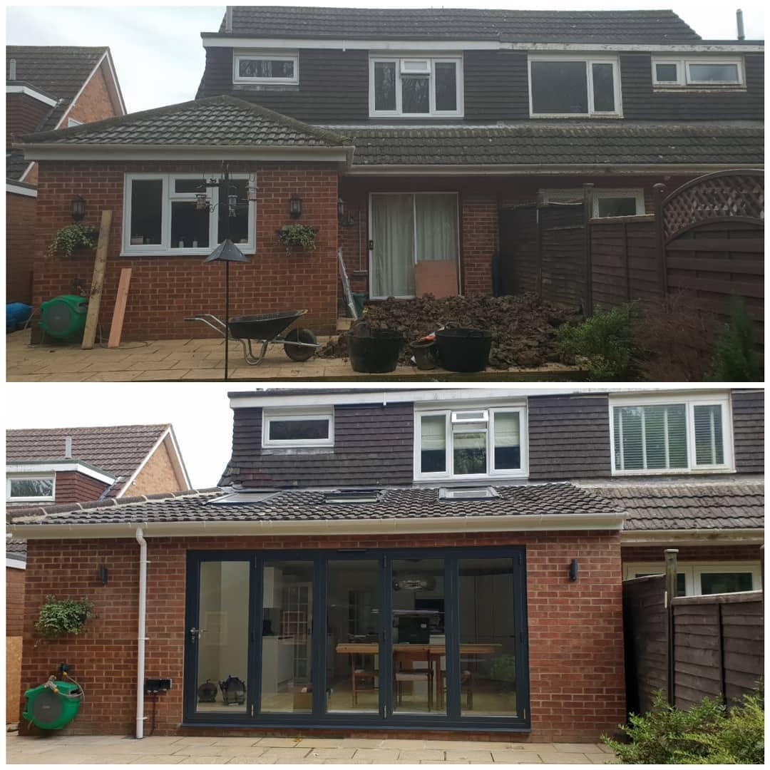 Single-storey house extension before and after in Surrey by ADO Builders